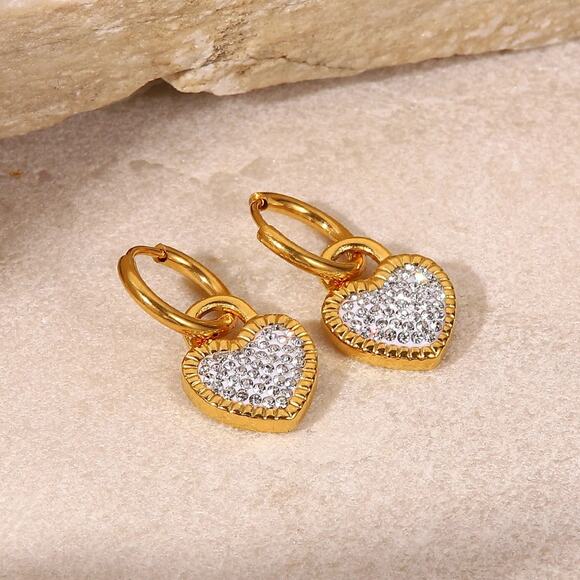 White‎ Heart Pendant Zircon Hoop Earrings - 18K Gold Plated Stainless Steel - Picture 6 of 8